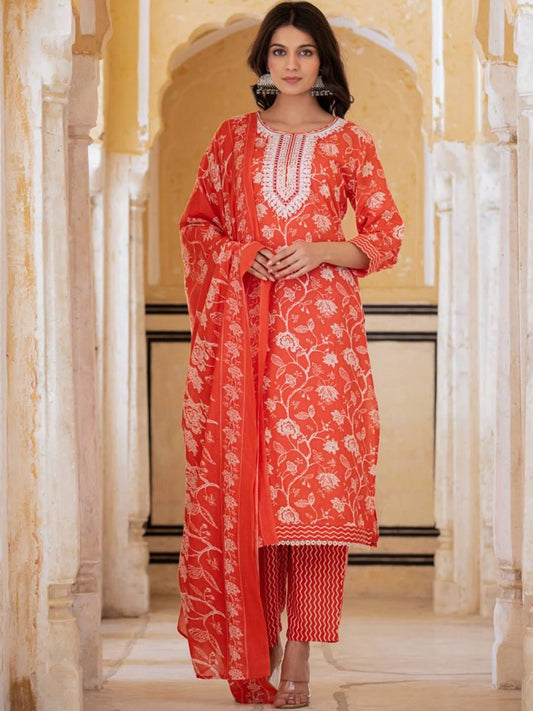 Dhiyona VA Women'sEthnic Thread Embroidered Printed Kurta & Trousers With Dupatta