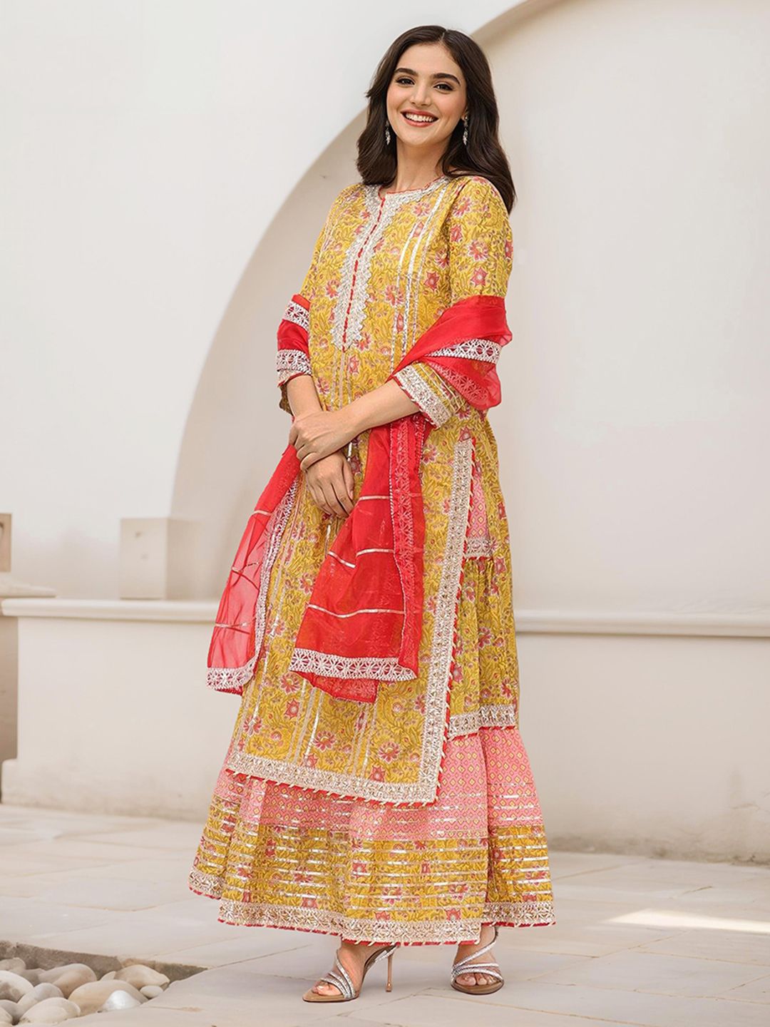 Dhiyona IS Women's Floral Printed Pure Cotton Anarkali Kurta With Sharara & Dupatta