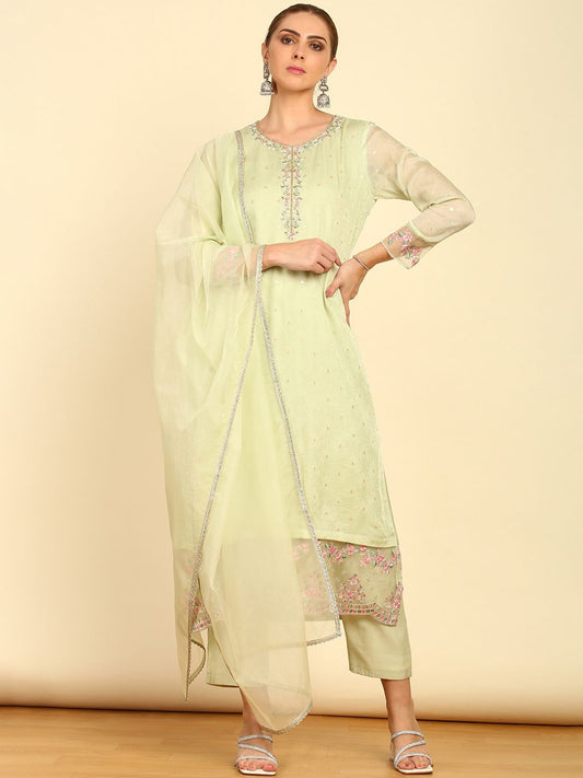 Dhiyona SO Women's Green Floral Embroidered Straight Kurta with Trousers & Dupatta