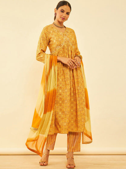Dhiyona SO Women's Printed Zardozi Kurta with Trousers & With Dupatta