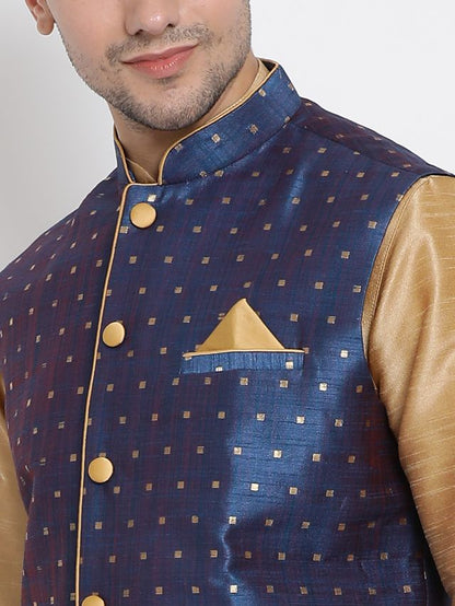 Men's Gold Silk Blend Straight Jacket  Kurta and Dhoti Set