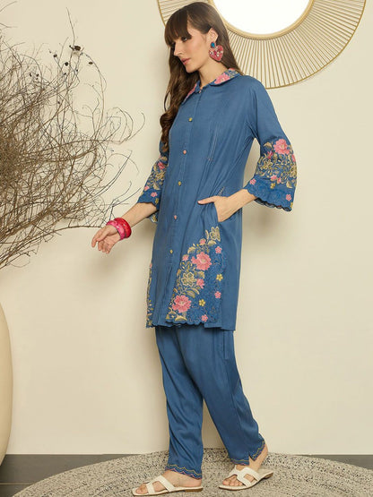 Dhiyona IE Women Embroidered Shirt Collar Top and Trousers Co-Ords
