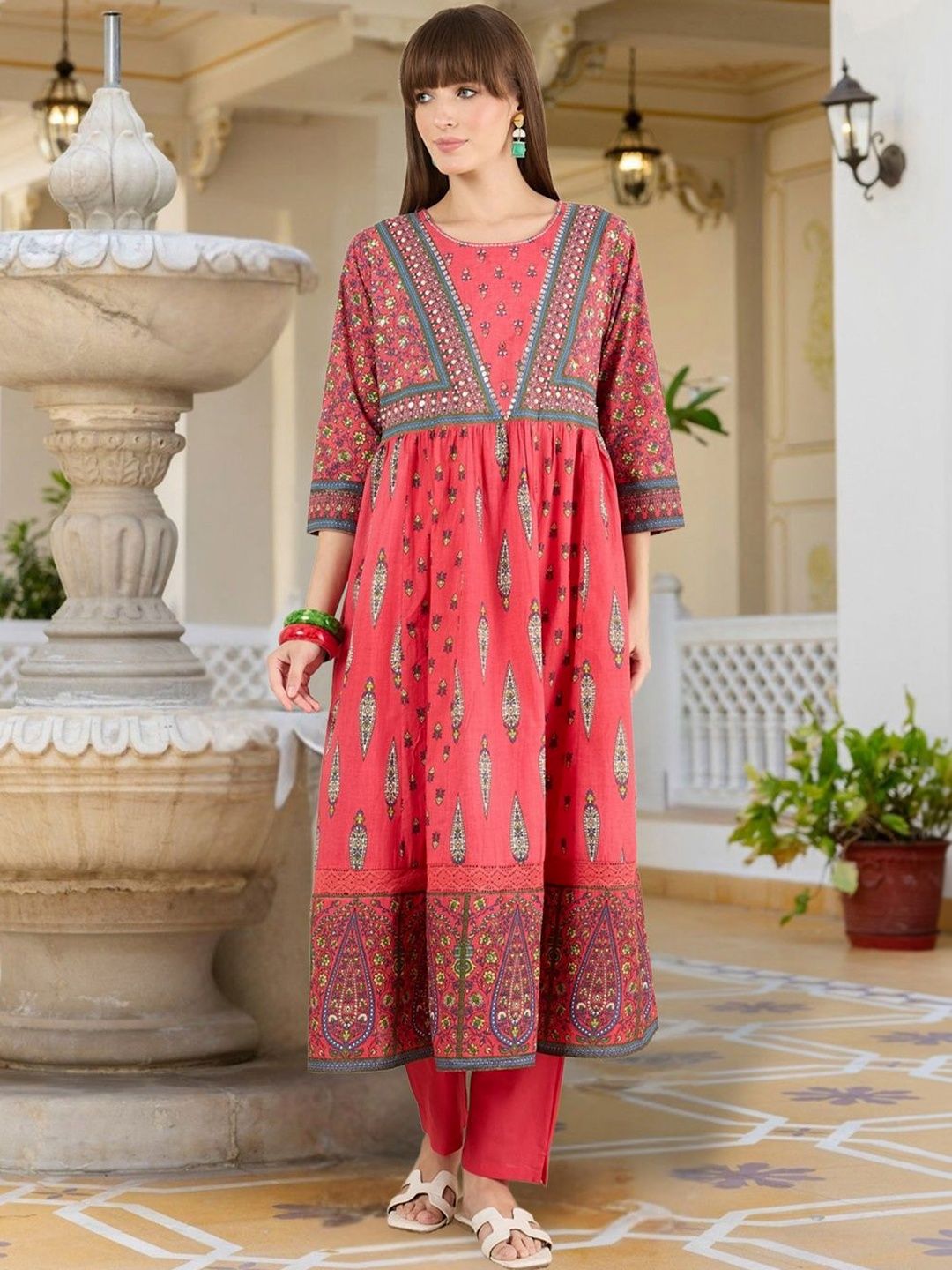 Women Ethnic Motifs Printed Panelled Pure Cotton Kurta with Trousers & With Dupatta