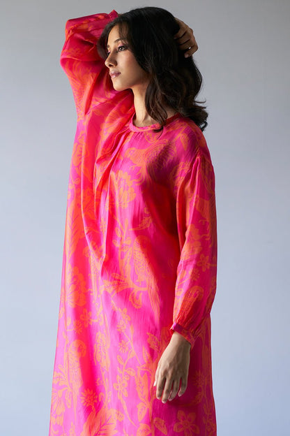 Women's Hot Pink and Orange Bemberg Silk Printed Co-ord Set