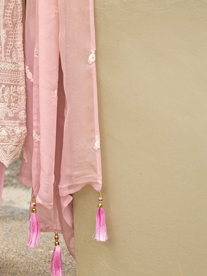 Floral Embroidered Sequinned Straight Organza Kurta With Trousers And Dupatta