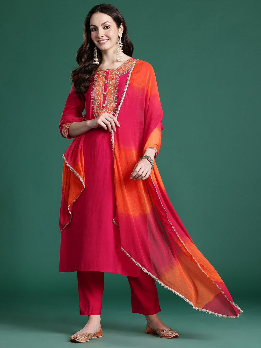 Ethnic Motifs Embroidered Zari Kurta with Trousers & With Dupatta
