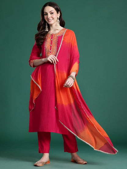 Ethnic Motifs Embroidered Zari Kurta with Trousers & With Dupatta