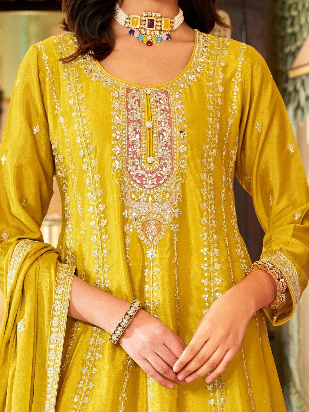 Dhiyona IE Floral Embroidered Mirror Work Round Neck Anarkali Kurta With Palazzos & Dupatta