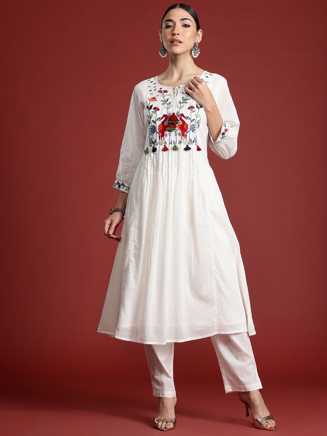 Floral Embroidered Panelled Thread Work Pure Cotton Kurta with Trousers
