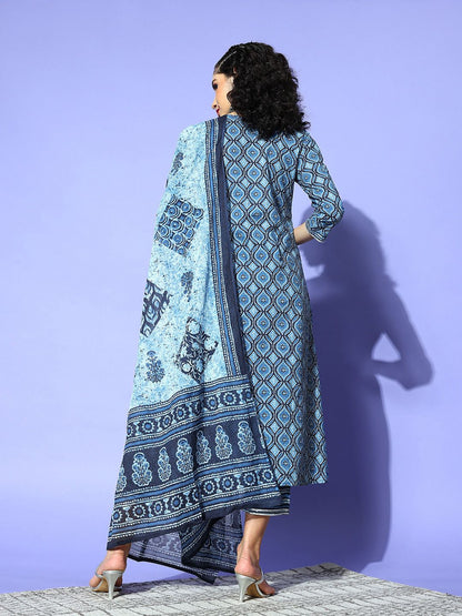Women Blue Cotton Blend i Suit Kurta Set