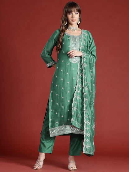 Dhiyona IE Floral Embroidered Sequinned Kurta with Trousers & With Dupatta