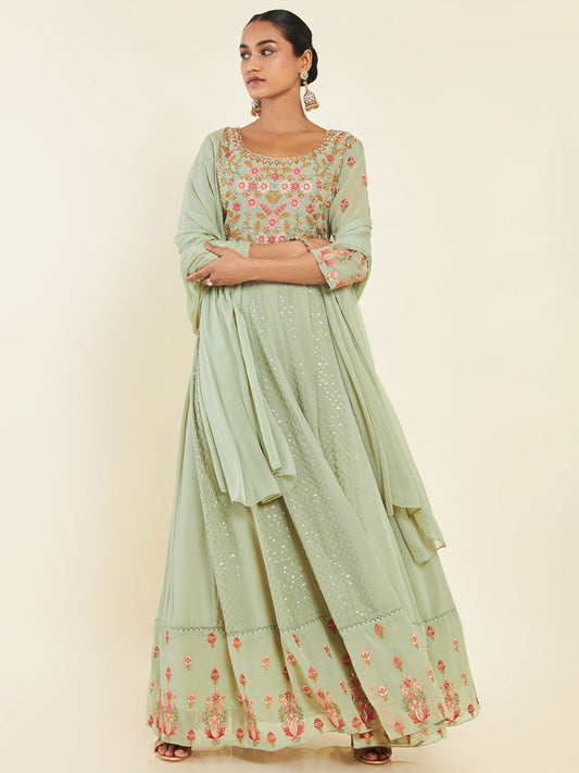 Dhiyona SO Women's Floral Embroidered Mirror Work Anarkali With Churidar & Dupatta