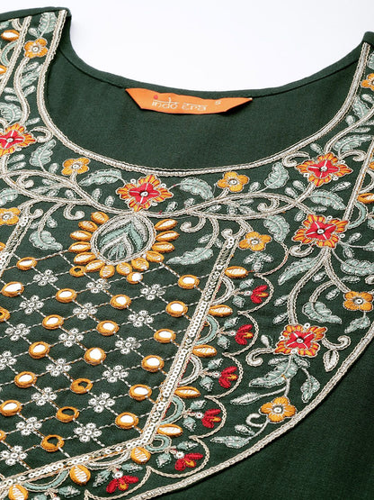 Dhiyona IE Women Green Ethnic Motifs Yoke Design Mirror Work Kurta