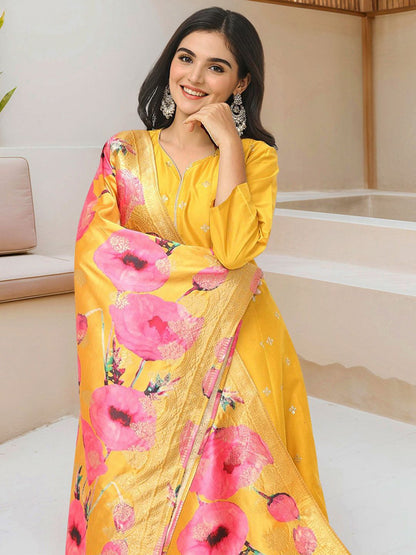 Dhiyona IS Women's Yellow Embroidered Sequinned Silk Crepe Anarkali Kurta With Trousers & Dupatta