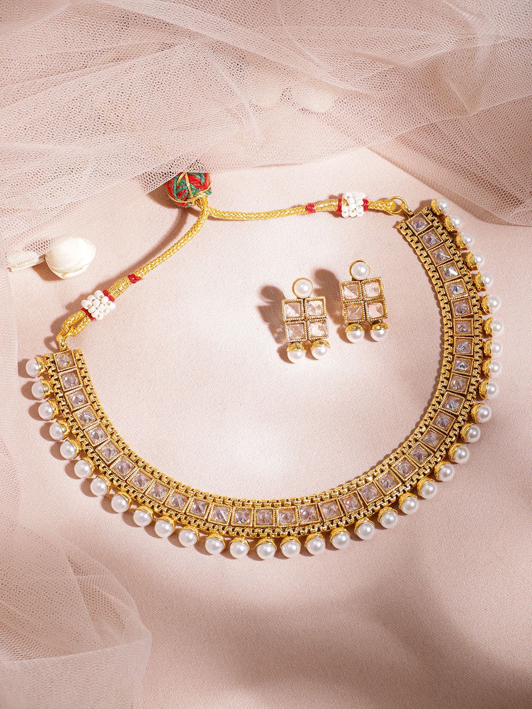 Dhiyona RJ Women's 22K Gold-Plated White Kundan Studded & Pearl Beaded Handcrafted Jewellery Set