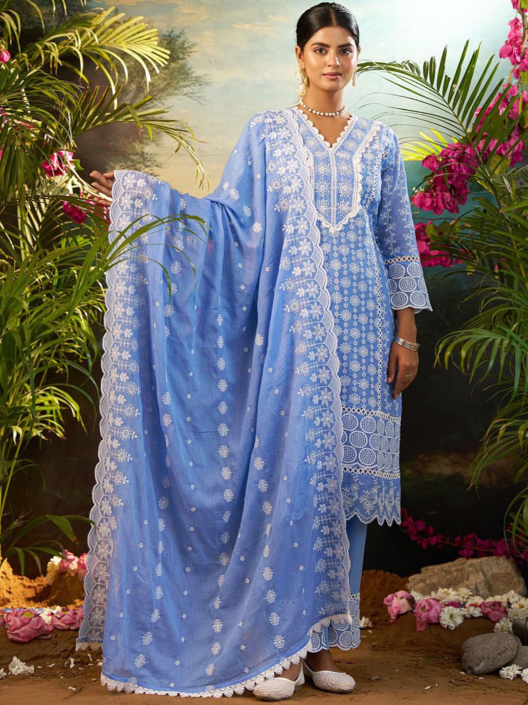 Women Ethnic Motifs Embroidered Cotton Kurta with Trousers & Dupatta