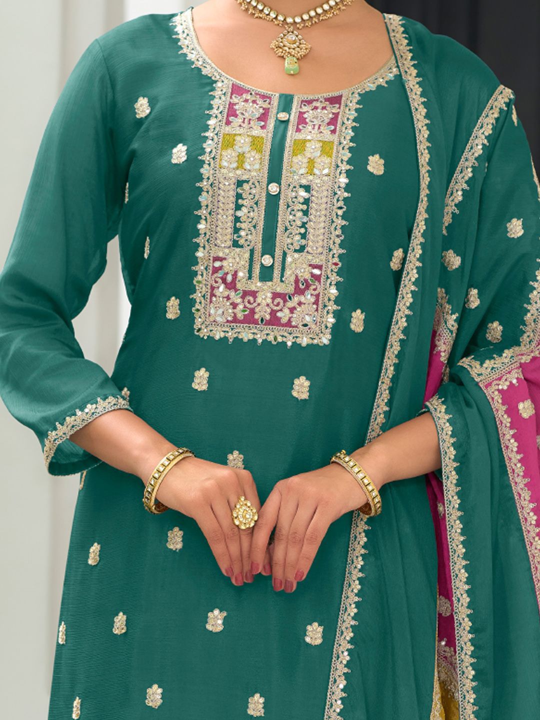 Dhiyona IE Women Ethnic Motifs Embroidered Regular Mirror Work Kurta with Trousers & With Dupatta