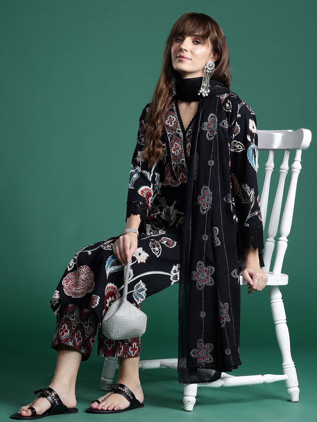 Dhiyona IE Floral Printed Sequinned Pure Cotton Kurta With Trousers & Dupatta