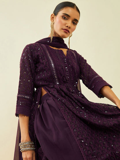 Dhiyona SO Women's Women Maroon Embroidered Pleated Sequinned Kurta with Palazzos & With Dupatta