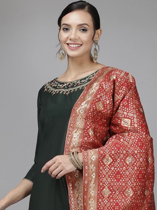 Women Green Ethnic Motifs Regular Liva Kurta with Trousers & Dupatta