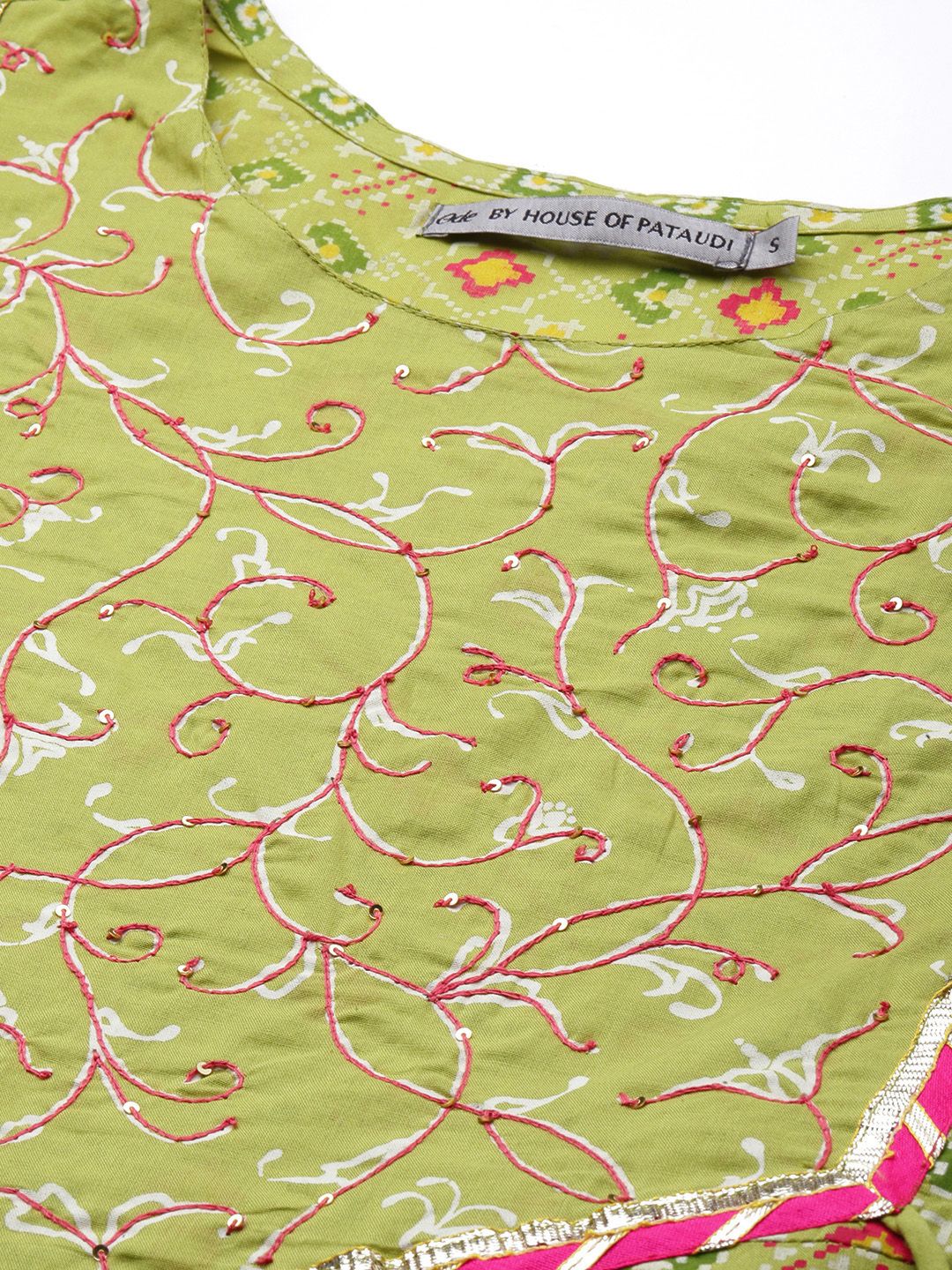 Dhiyona OD  Women Green Ethnic Motifs Printed Panelled Pure Cotton Kurta with Trousers & With
