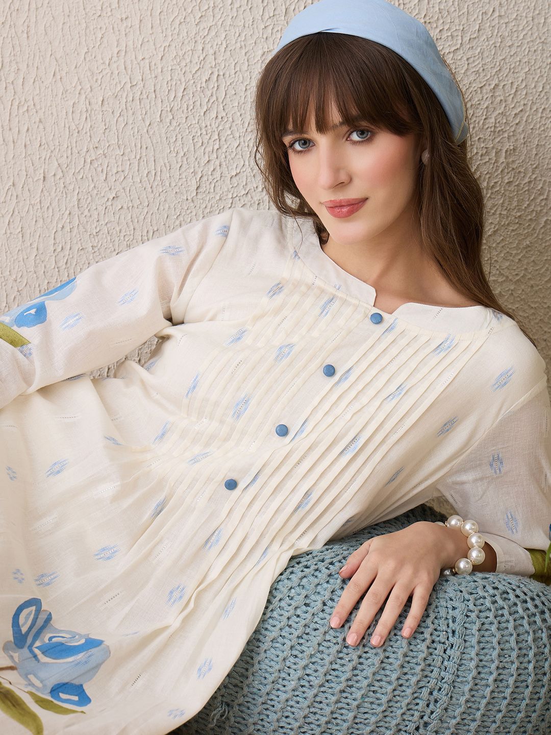 Floral Printed Notch Neck Pure Cotton A-Line Kurta With Trousers