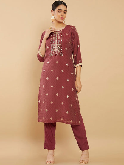 Dhiyona SO Women's Women Maroon Ethnic Motifs Printed Thread Work Kurta with Trousers