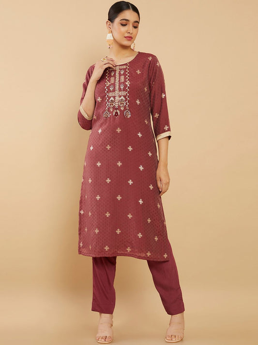 Dhiyona SO Women's Women Maroon Ethnic Motifs Printed Thread Work Kurta with Trousers
