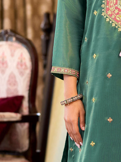 Floral Embroidered Sequinned Straight Kurta With Palazzos & Dupatta