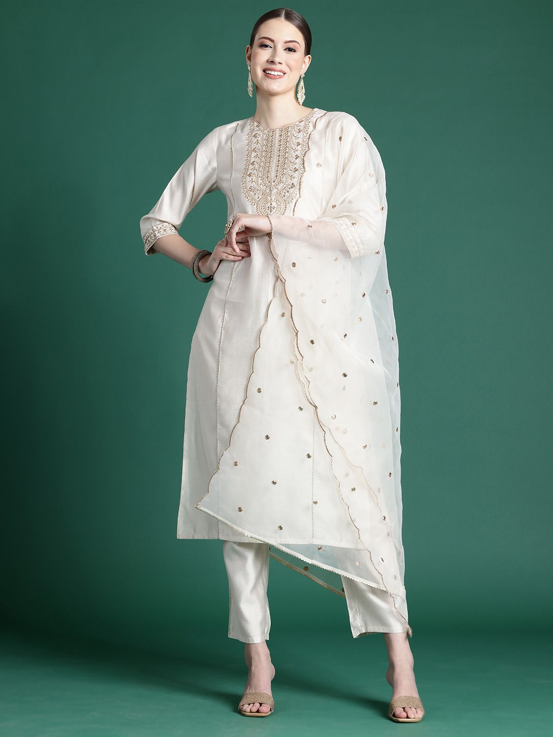 Ethnic Motifs Embroidered Panelled Liva Kurta With Trousers & Dupatta