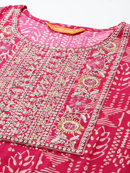 Ethnic Motifs Printed Sequinned Pure Cotton Kurta with Trousers & With Dupatta