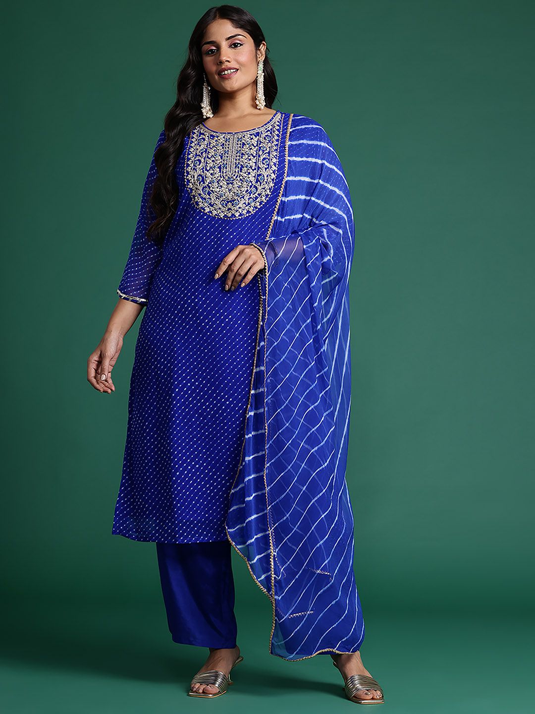 Dhiyona IE Plus Size Leheriya Printed Zari Kurta with Trousers & Dupatta