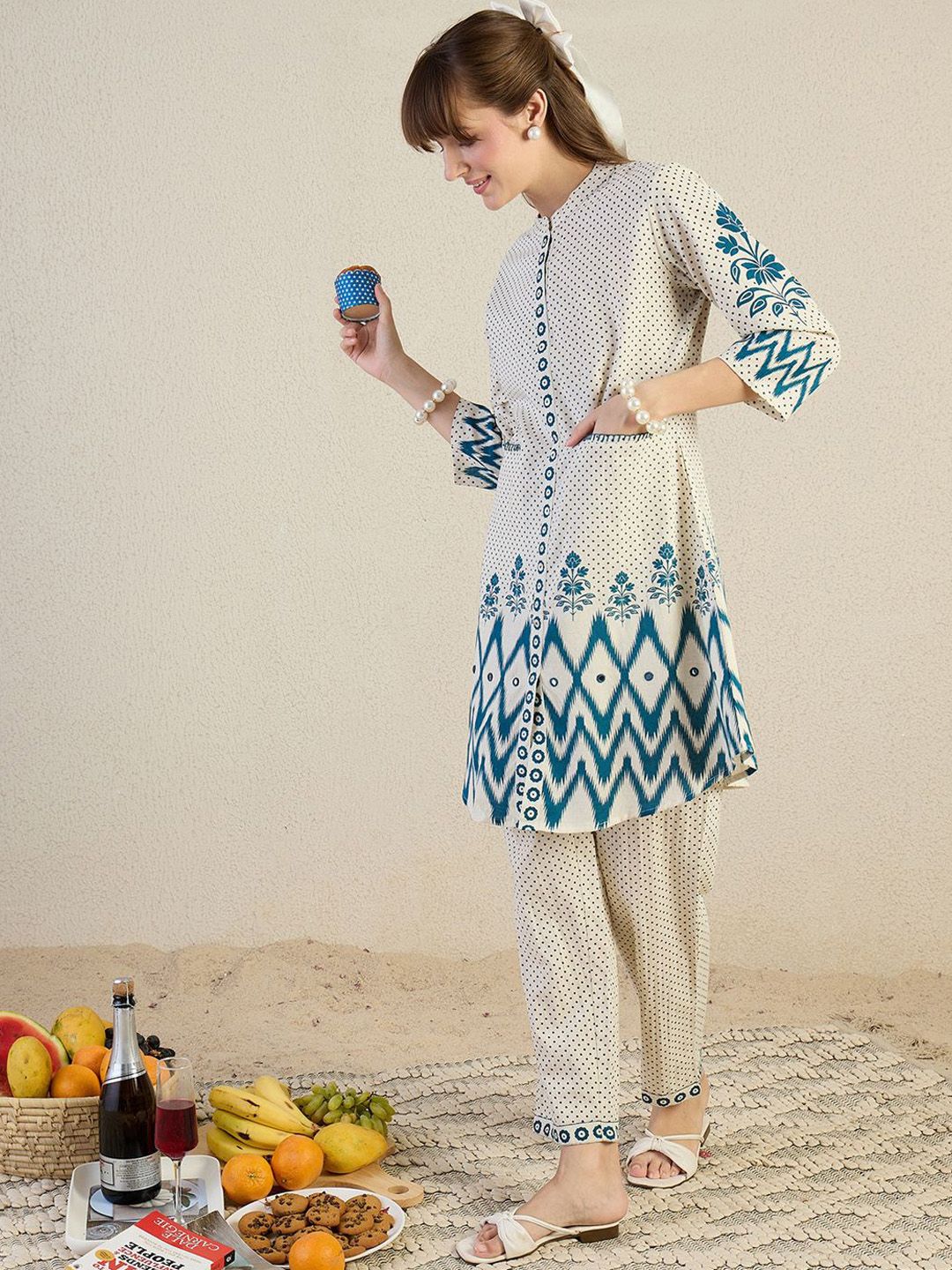 Ethnic Motifs Printed Thread Work Mandarin Collar A-Line Kurta With Trousers