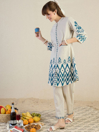 Ethnic Motifs Printed Thread Work Mandarin Collar A-Line Kurta With Trousers
