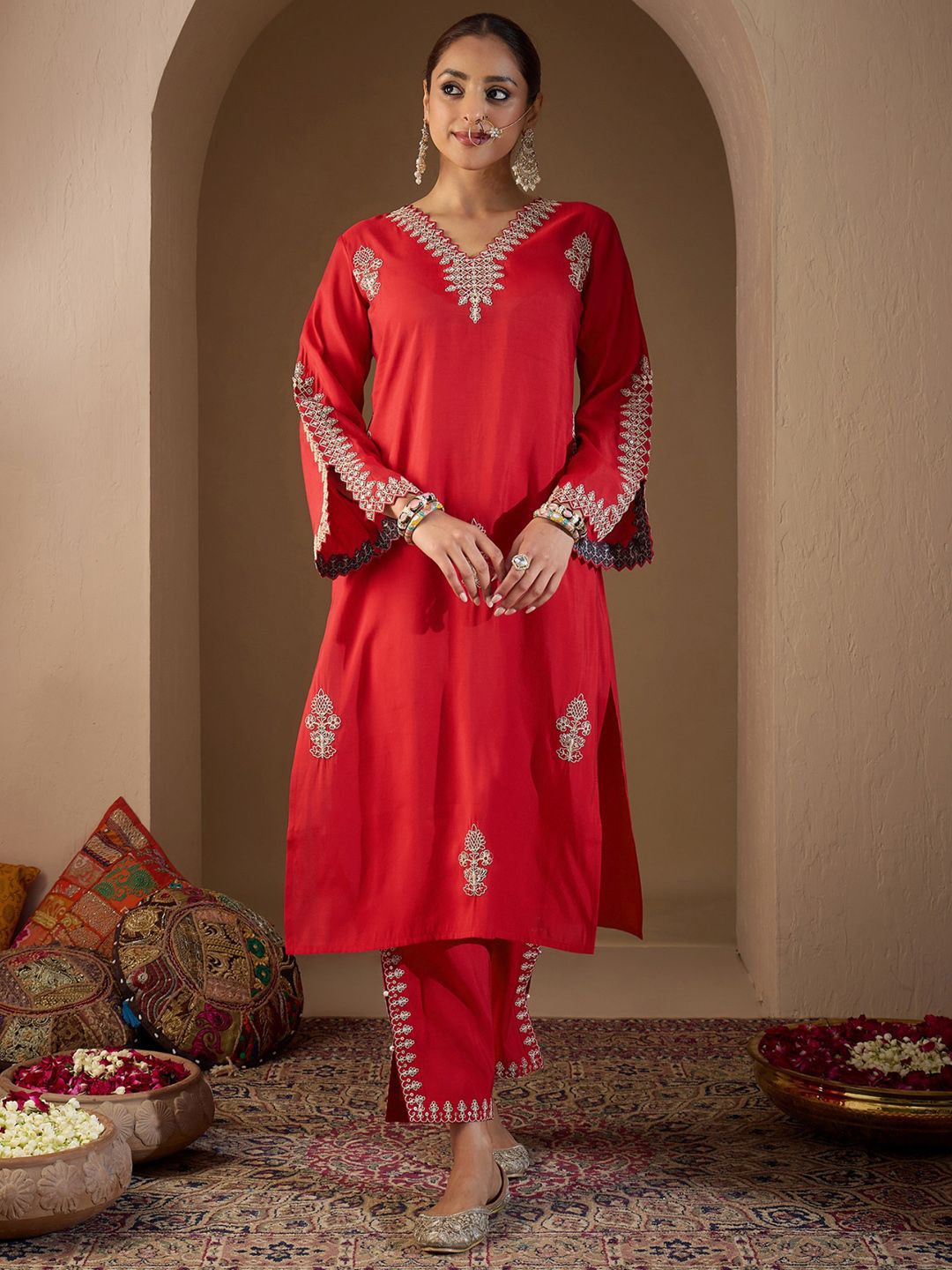 Women Ethnic Motifs Embroidered Regular Sequinned Kurta with Trousers