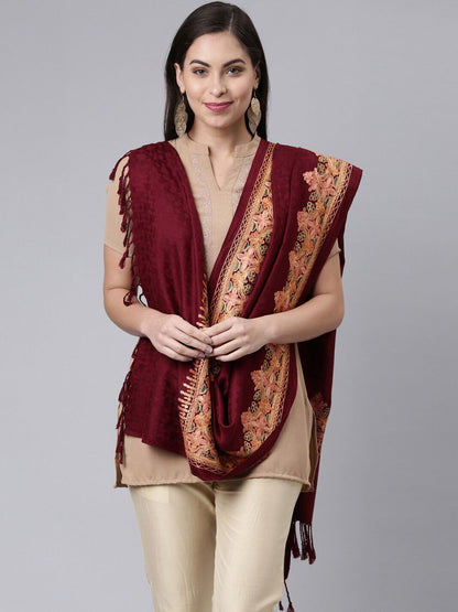 Dhiyona PA Women Maroon Embroidered Shawl