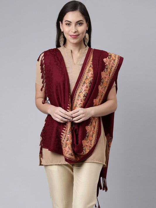 Dhiyona PA Women Maroon Embroidered Shawl