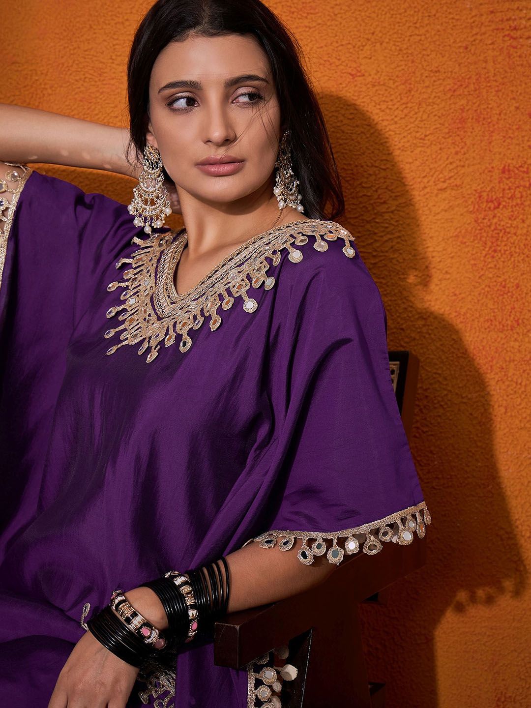 Dhiyona SN Women's Ethnic Motifs Yoke Design Embroidered Kaftan Kurta & Trousers