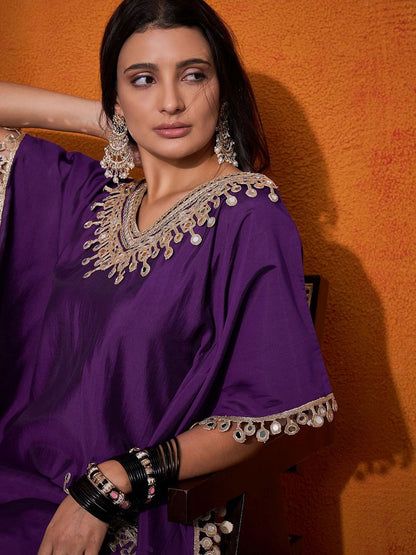 Dhiyona SN Women's Ethnic Motifs Yoke Design Embroidered Kaftan Kurta & Trousers