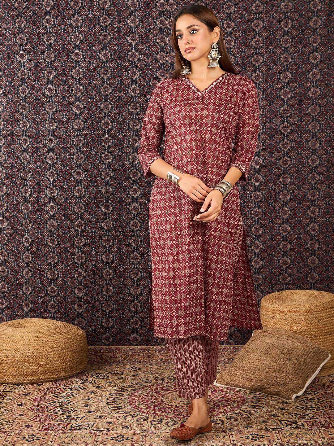 Ethnic Motifs Printed Sequinned Pure Cotton Kurta With Trousers & Dupatta