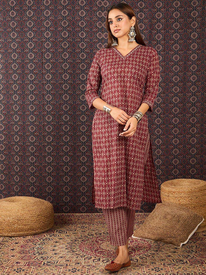 Ethnic Motifs Printed Sequinned Pure Cotton Kurta With Trousers & Dupatta