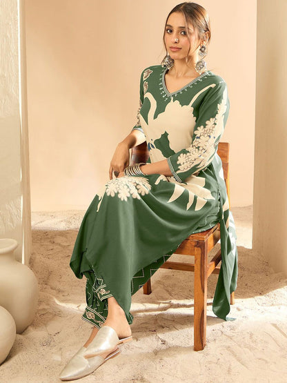 Dhiyona IE Floral Printed V-Neck Beads and Stones Screen Technique Kurta With Salwar