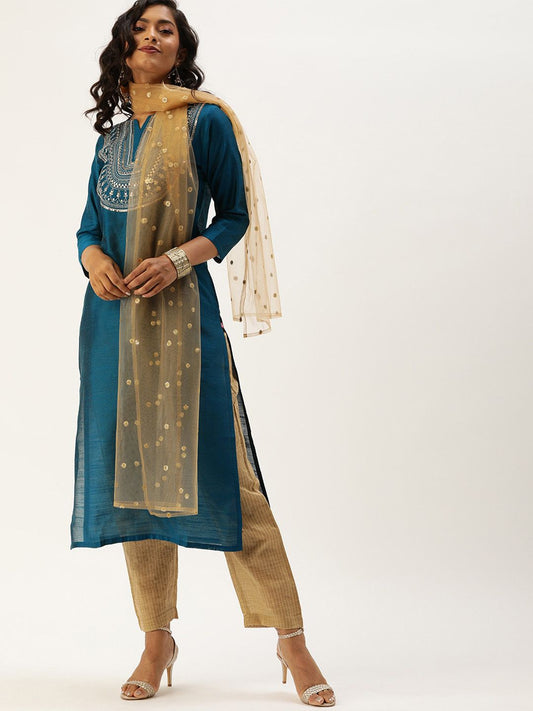 Dhiyona VA Women's Teal Layered Kurta with Trousers & With Dupatta