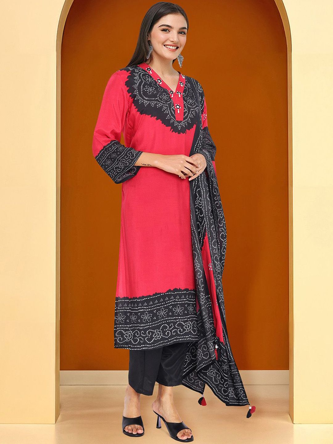 Dhiyona IS Women's Bhandani Printed V-Neck Straight Kurta With Trousers And Dupatta