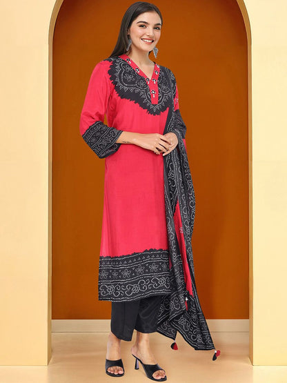 Dhiyona IS Women's Bhandani Printed V-Neck Straight Kurta With Trousers And Dupatta