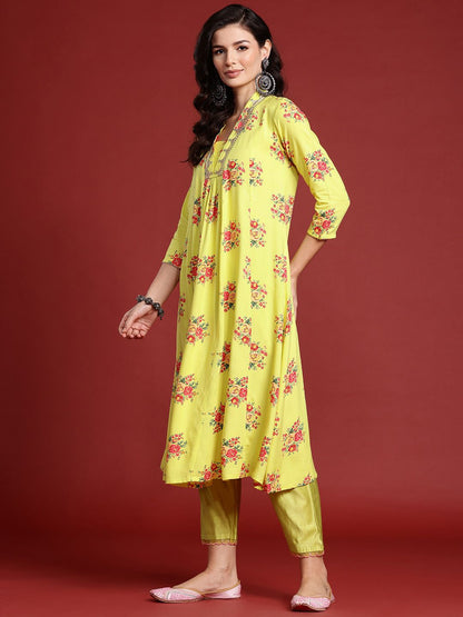 Dhiyona IE Zari Embroidered Floral Printed Gota Patti Detailed A-Line Kurta