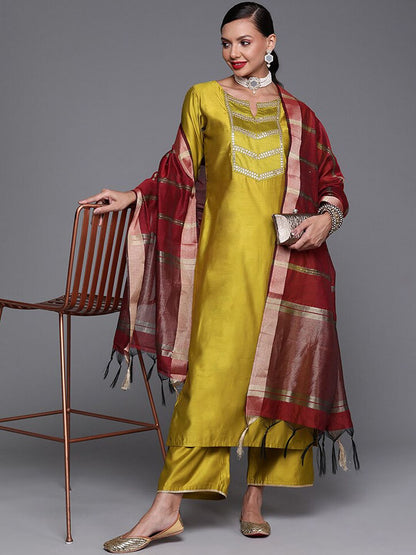 Dhiyona IE Mustard Yellow & Maroon Yoke Design Liva Kurta with Trousers & Dupatta