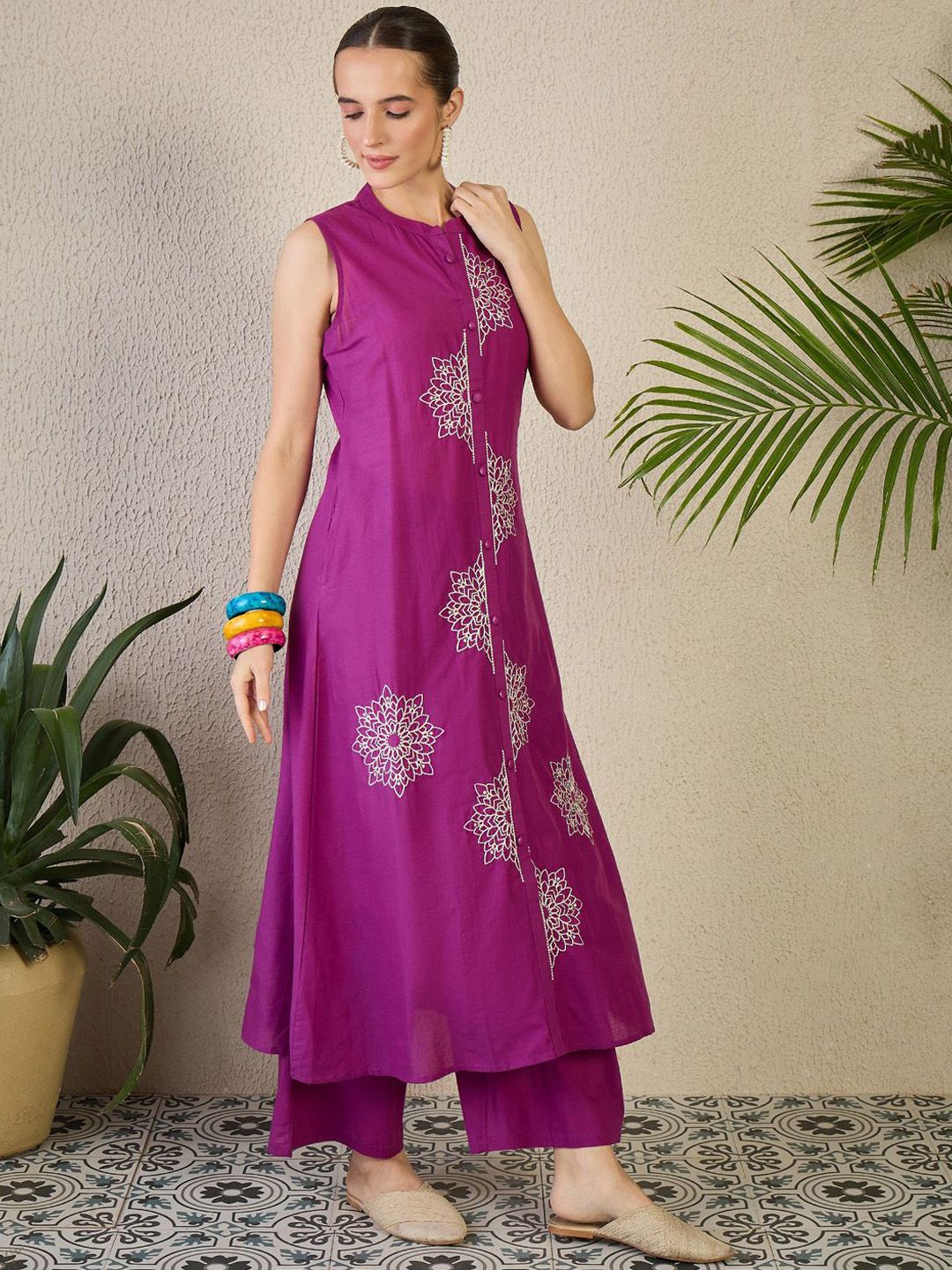 Dhiyona IE Women's Adults-Women Woven Design Embroidered Cotton A-Line Kurta with Palazzos