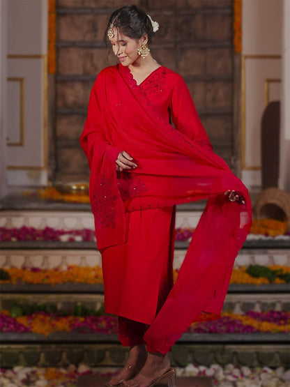 Women Embroidered Regular Sequined Kurta with Trousers & With Dupatta