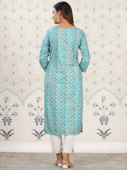 Dhiyona OD  Sea Green Ethnic Printed Tie-Up Neck Gotta Patti Straight Kurta
